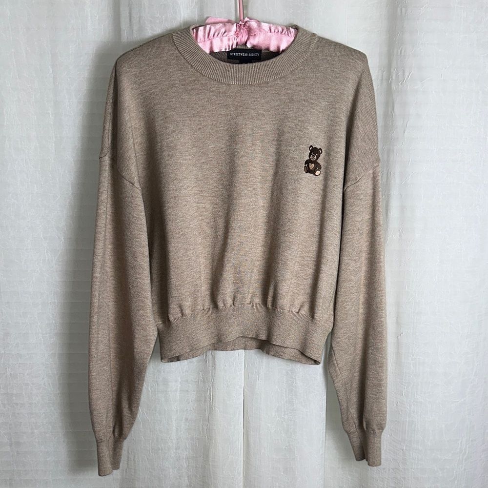STREETWEAR SOCIETY XL Tan Embroidered Teddy Graphic Crew Cropped Knit Sweater